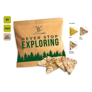 Triángulos crujientes de maíz ecológico en bolsa promocional