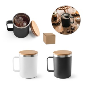 LAUDA. Taza de acero inoxidable 90% reciclado con tapa de bambú.