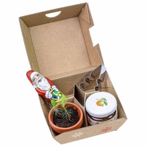 Caja regalo de Navidad - Macetas de barro, Papá Noel de chocolate, moldes de árbol de Navidad y un vaso de mermelada de naranja