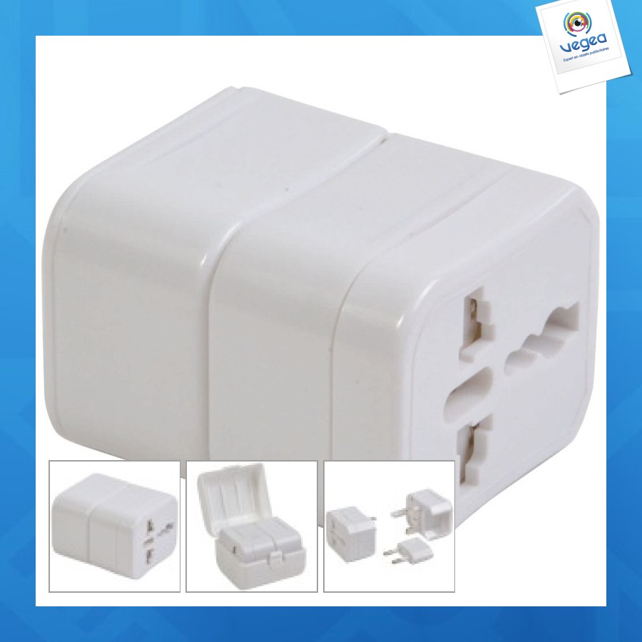 Adaptateur prise universelle personalizable avec poche en plastique. input et output : 100-125v 6a ou 110