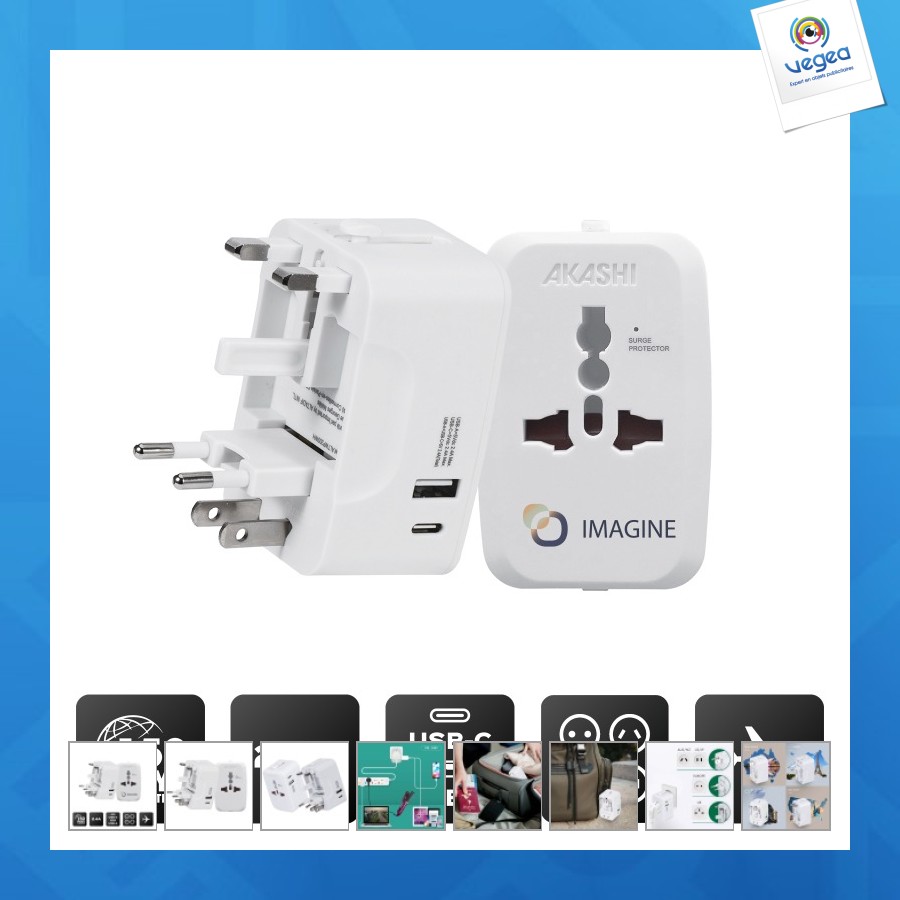 Adaptateur universel de promoción de voyage avec sorties usb-c et usb-a - blanc