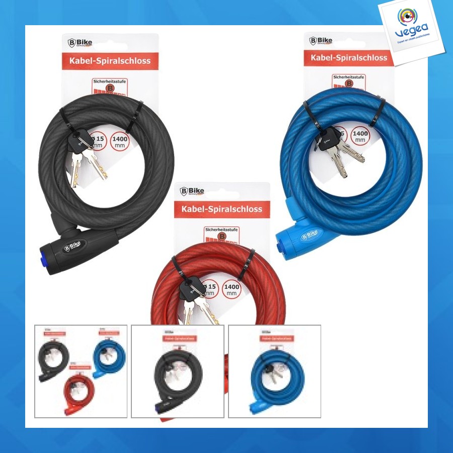 Antivol personalizable spiralé pour vélo 15x1400mm - assortime