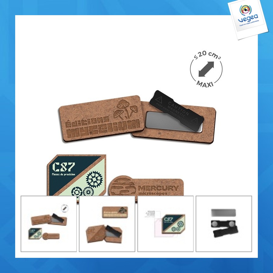 Badge personalizable mdf ep 3mm avec aimant maxi 20cm²