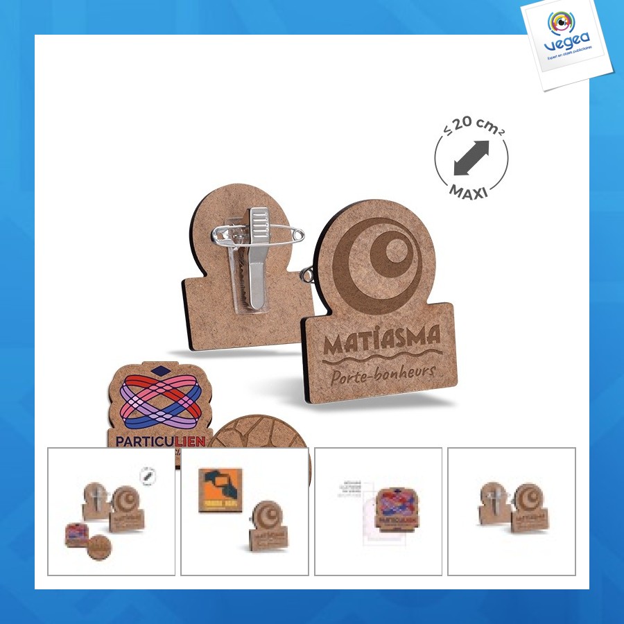 Badge personalizable mdf ep 3mm avec pince-épingle maxi 20cm²