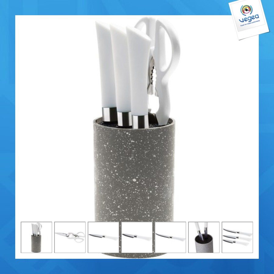 Bloc de couteaux 5 pièces avec couteau personalizable de cuisine, couteau à steak, épluche-légumes, paire de ciseau et bloc
