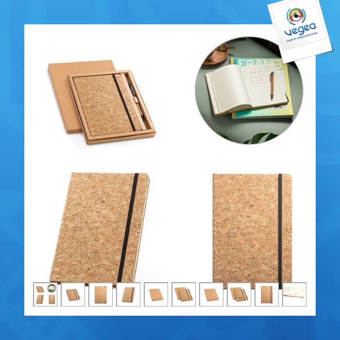 Bloc de notas de corcho con bolígrafo y papel fsc