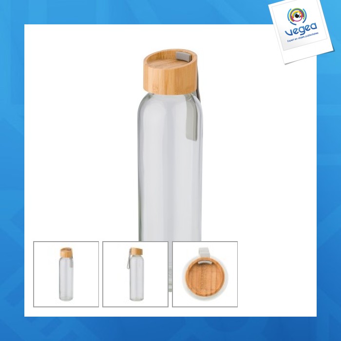 Botella de vidrio de promoción de 60cl con tapón de bambú y correa