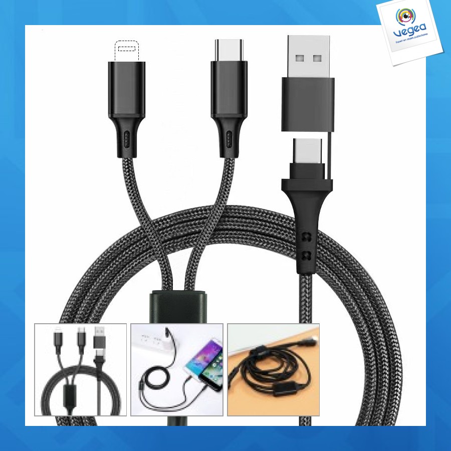 Câble de charge de promoción 4 en 1 20w en matériaux recyclés - noir