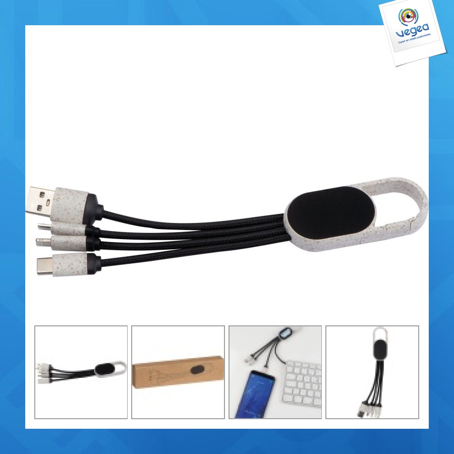 Câble de chargement personalizable 3 en 1 en paille de blé