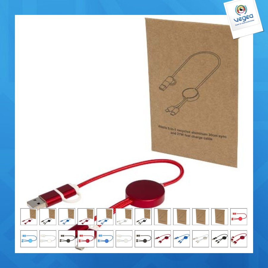 Câble de promoción 5 en 1 alasia en aluminium et plastique recyclés de 30 cm pour la synchronisation des données et la charge rapide de 2
