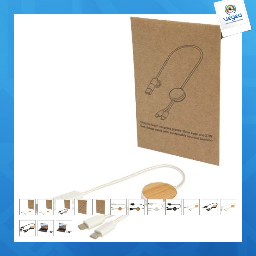 Câble de promoción 5 en 1 chechia en plastique recyclé de 30 cm pour la synchronisation des données et la charge rapide de 27 w avec dé