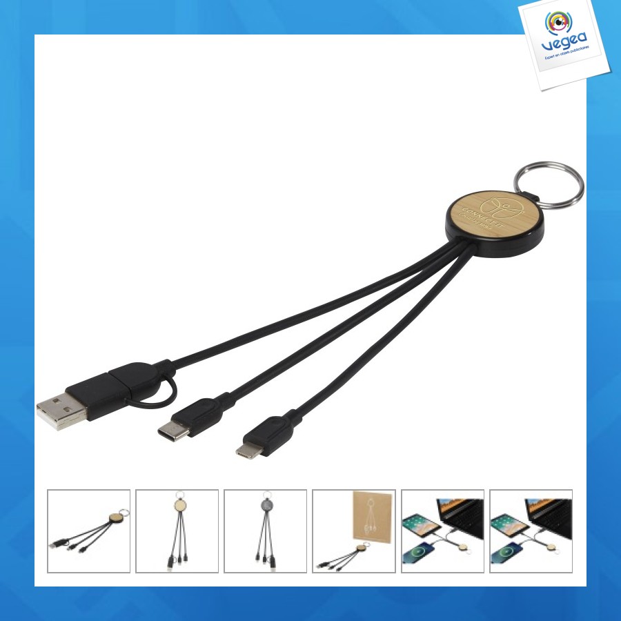 Cable de promoción de carga tecta 6 en 1 de plástico reciclado/bambú con llavero
