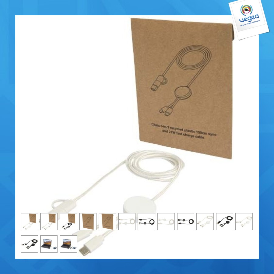 Câble personalizable 5 en 1 citala en plastique recyclé de 150 cm pour la synchronisation des données et la charge rapide de 27 w