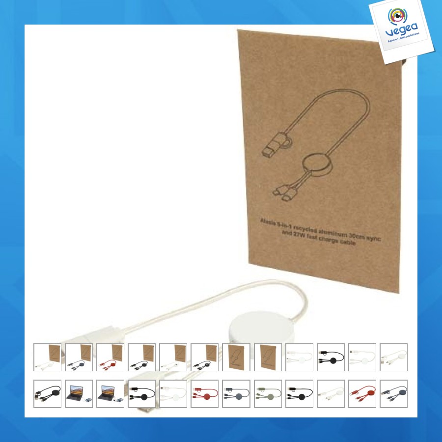 Câble personalizable 5 en 1 citala en plastique recyclé de 30 cm pour la synchronisation des données et la charge rapide de 27 w