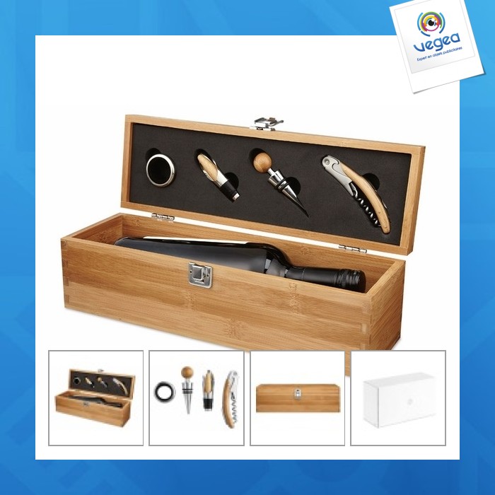 Caja de regalo con botella de vino y accesorios