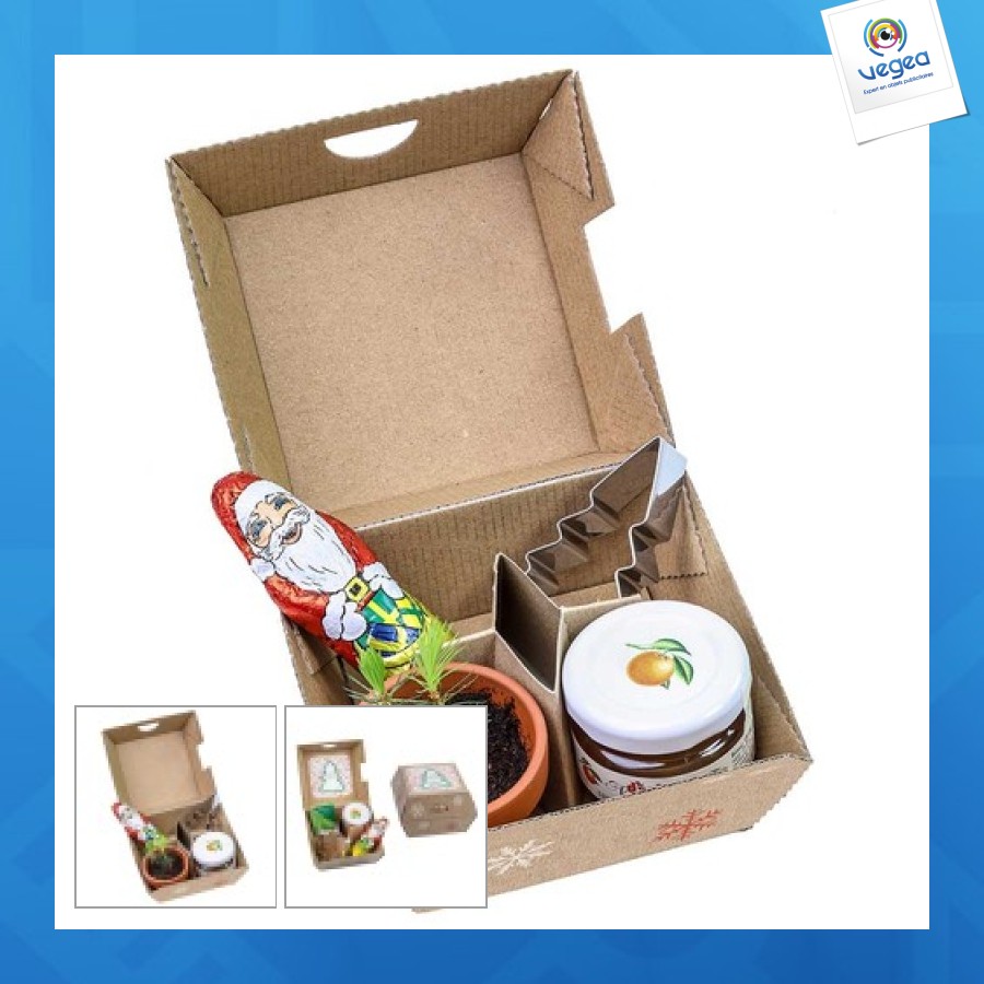 Caja regalo de navidad - macetas de barro, papá noel de chocolate, moldes de árbol de navidad y un vaso de mermelada de naranja