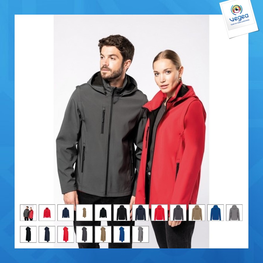 Chaqueta softshell unisex de 3 capas con capucha y mangas desmontables