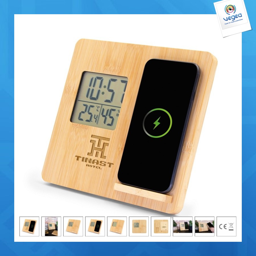 Chargeur sans fil en bambou 10w, station météo - personalizable - kahele