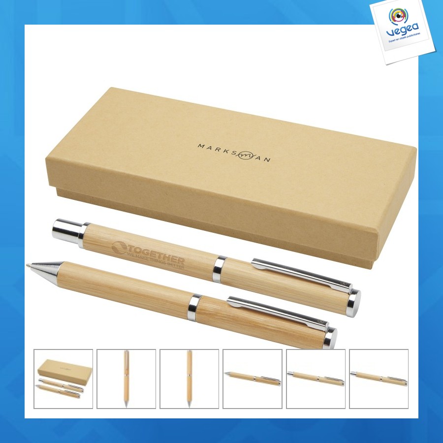 Coffret cadeau stylo bille de promoción et stylo roller apolys en bambou