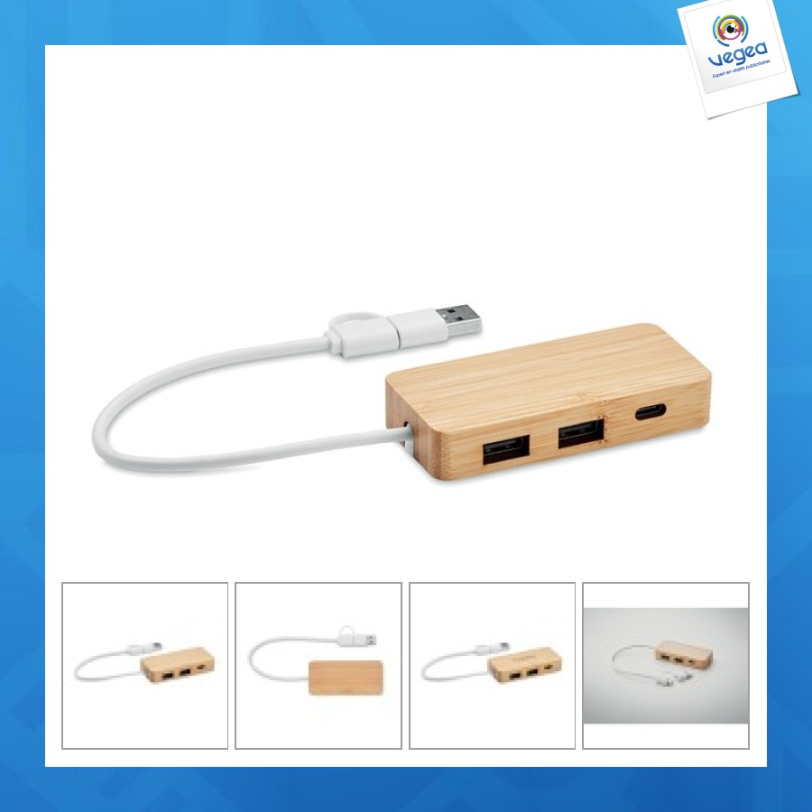 Concentrador usb de 3 puertos en bambú