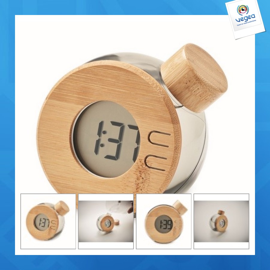 Droppy lux reloj lcd de bambú alimentado por agua