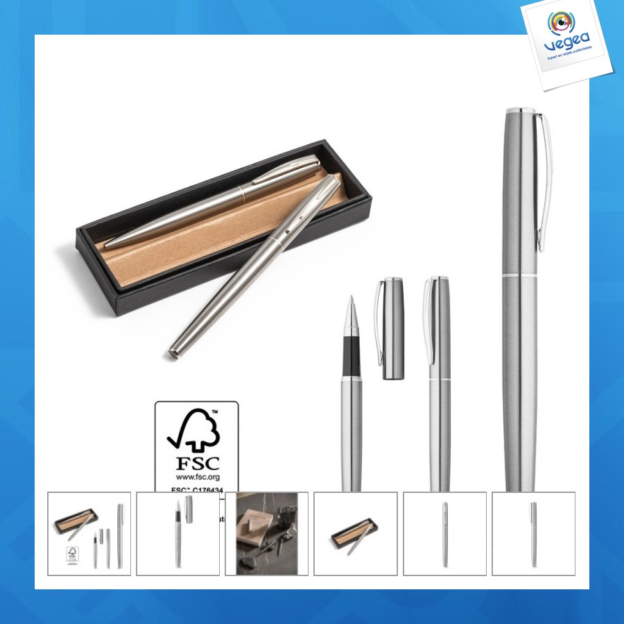 Ella. parure de stylo roller et stylo bille de promoción en acier inoxydable recyclé à 53%