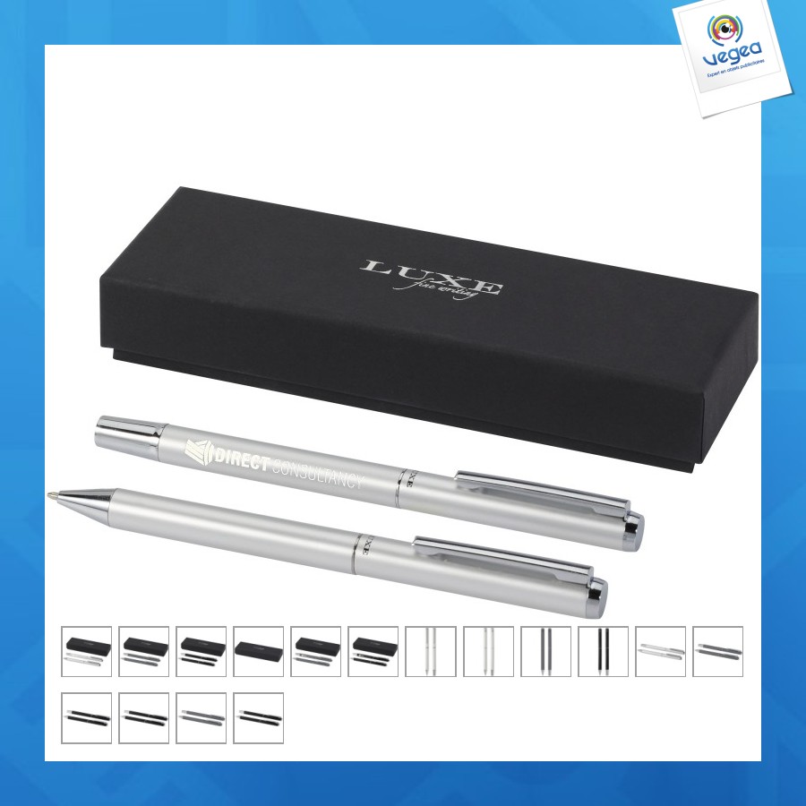 Ensemble-cadeau stylo bille personalizable et stylo roller lucetto en aluminium recyclé
