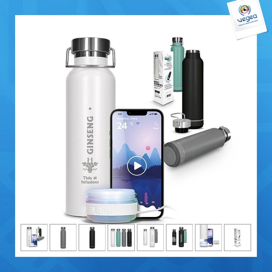 Haut-parleur enceinte et bouteille isotherme personalizable double-paroi inox 60 cl