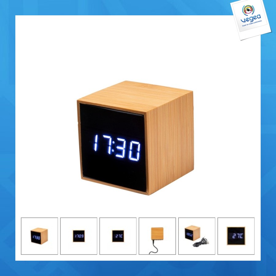 Horloge personalizable réveil et display température à led blanche, en bambou