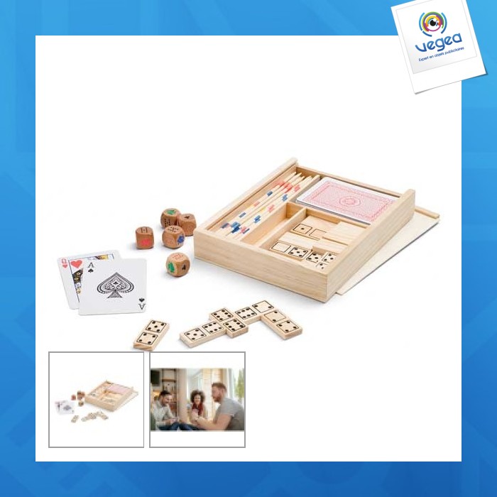 Juego 4 en 1: juego de cartas, mikado, dados, dominó