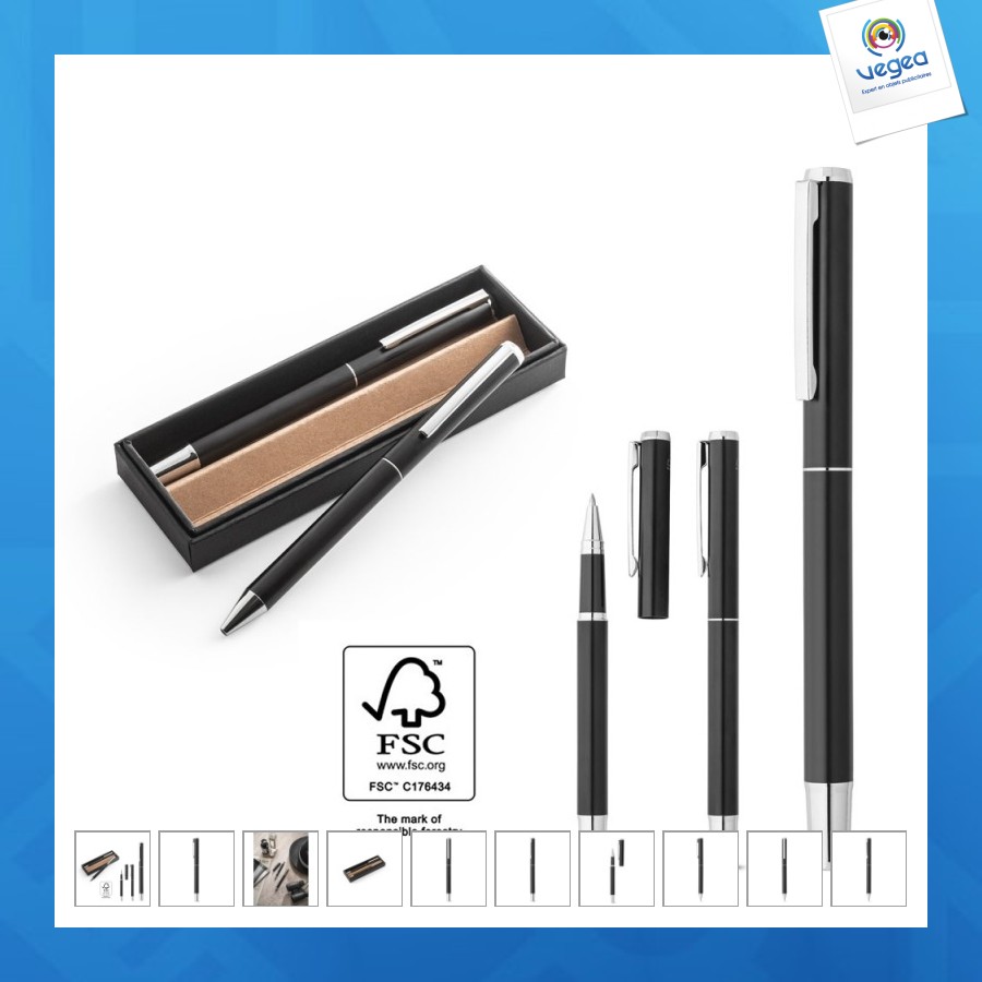 Leah. parure de stylo à bille de promoción et de roller en aluminium recyclé respectivement 53% et 94% recyclé avec clip