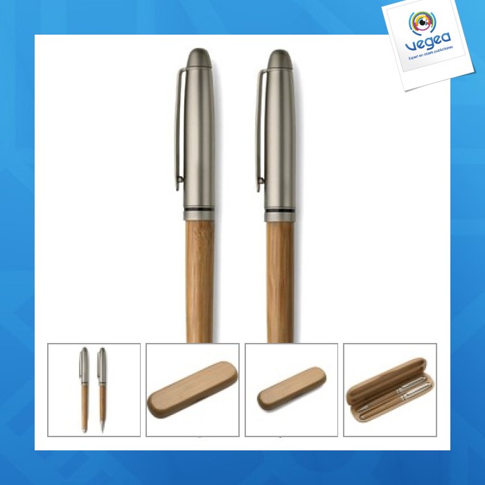 Parure de stylo bille personalizable et roller en bambou et métal