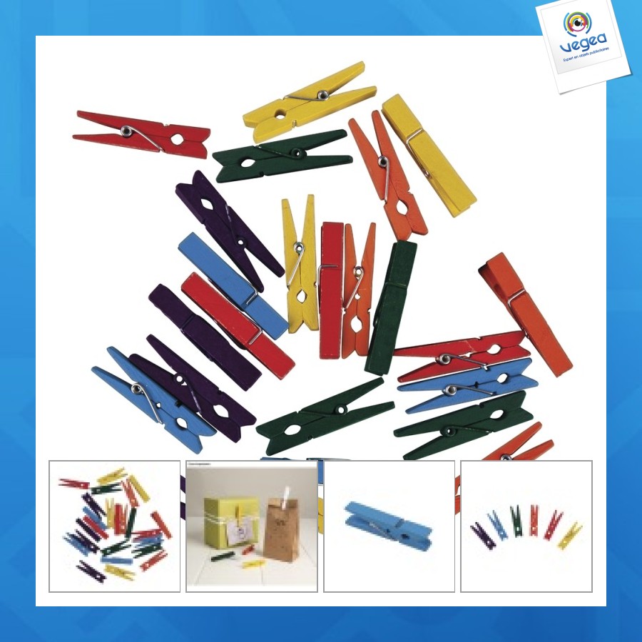 Pince à linge personalizable bois, 4,5cm, mélangé, 24 pièces