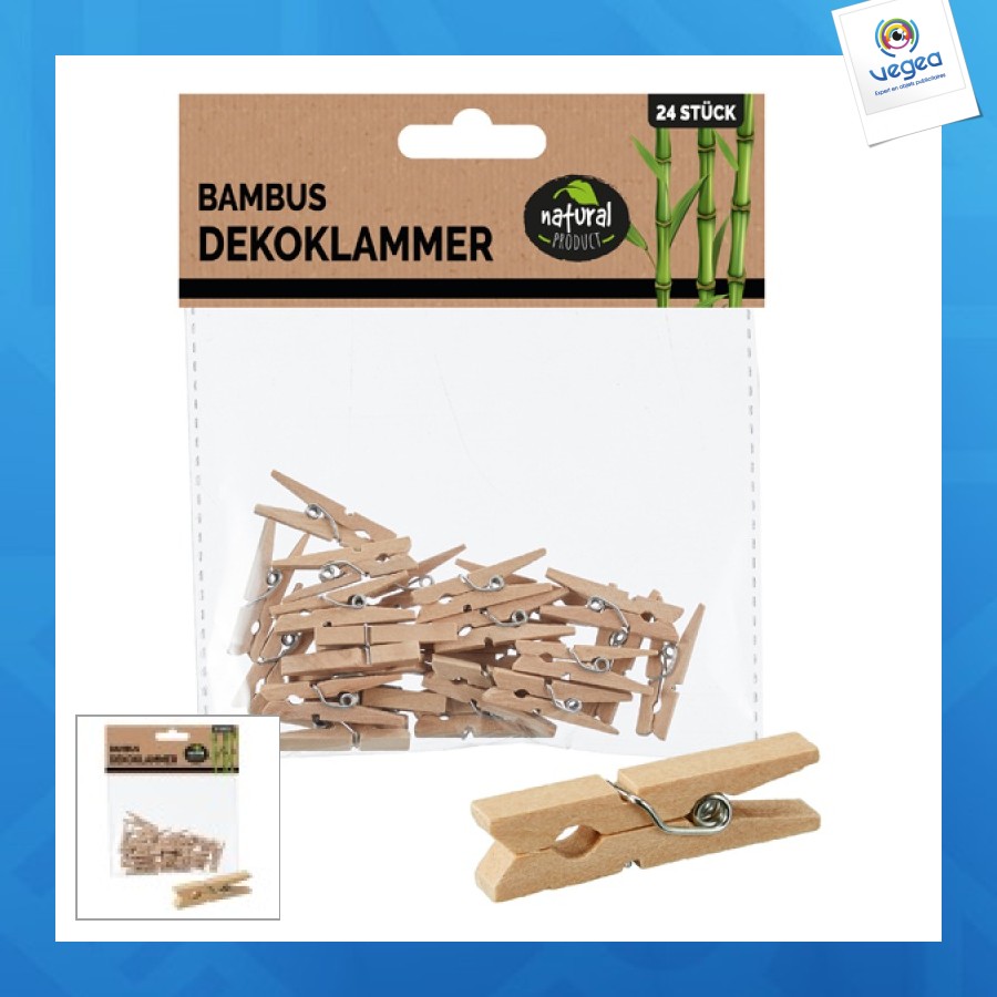Pince à linge personalizable en bambou, environ 3cm, 24 jeux
