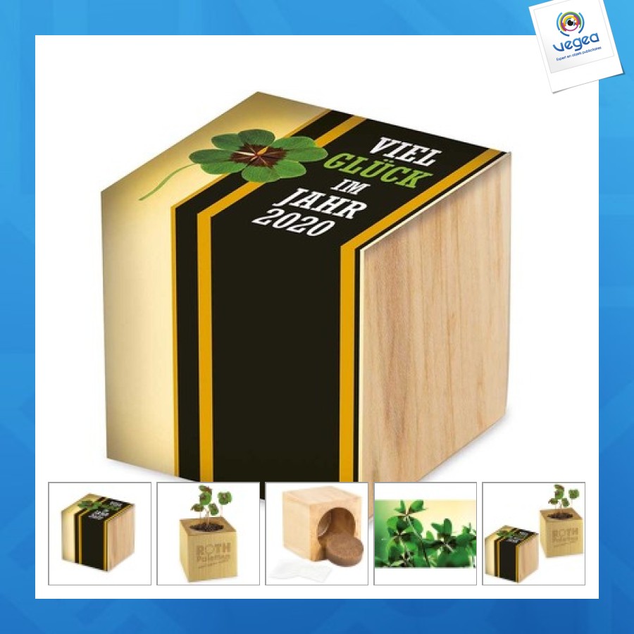 Pot cube bois mini - design standard - trèfle à 4 feuilles de promoción