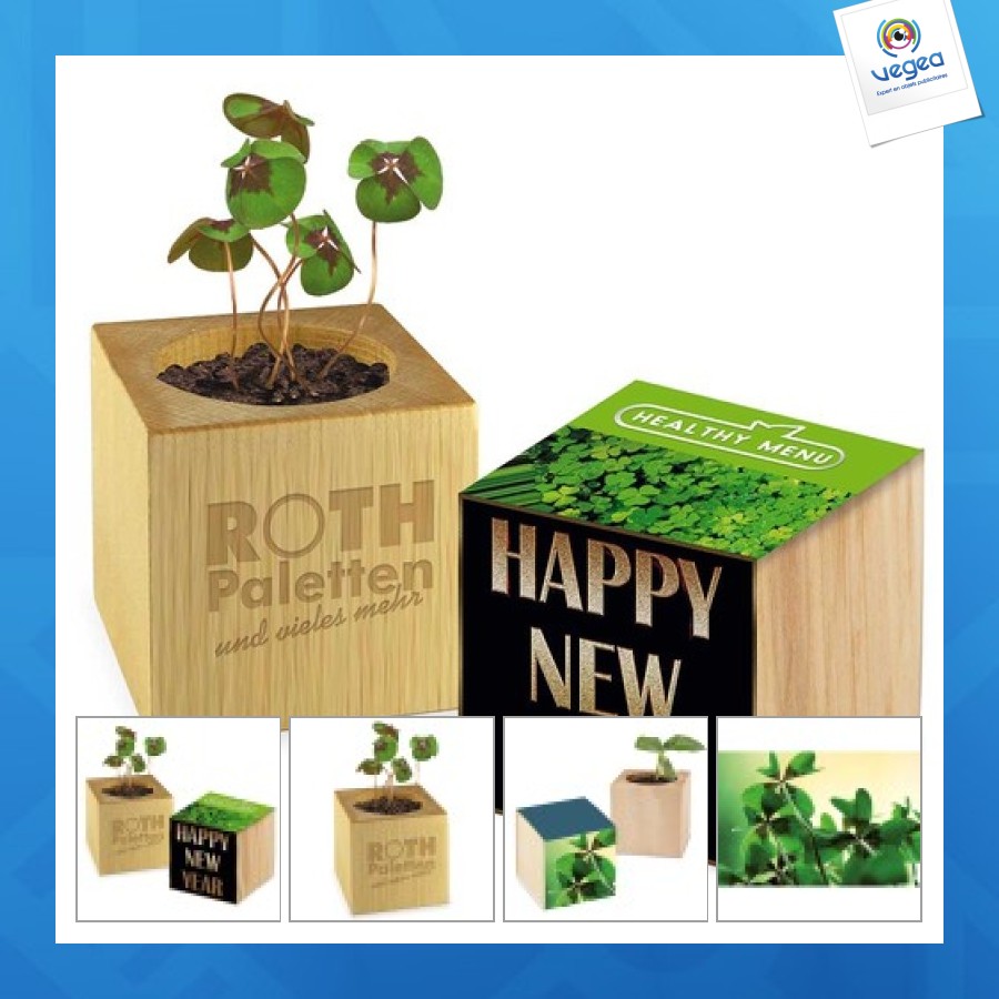 Pot cube bois mini - trèfle à 4 feuilles personalizable - sans gravure laser