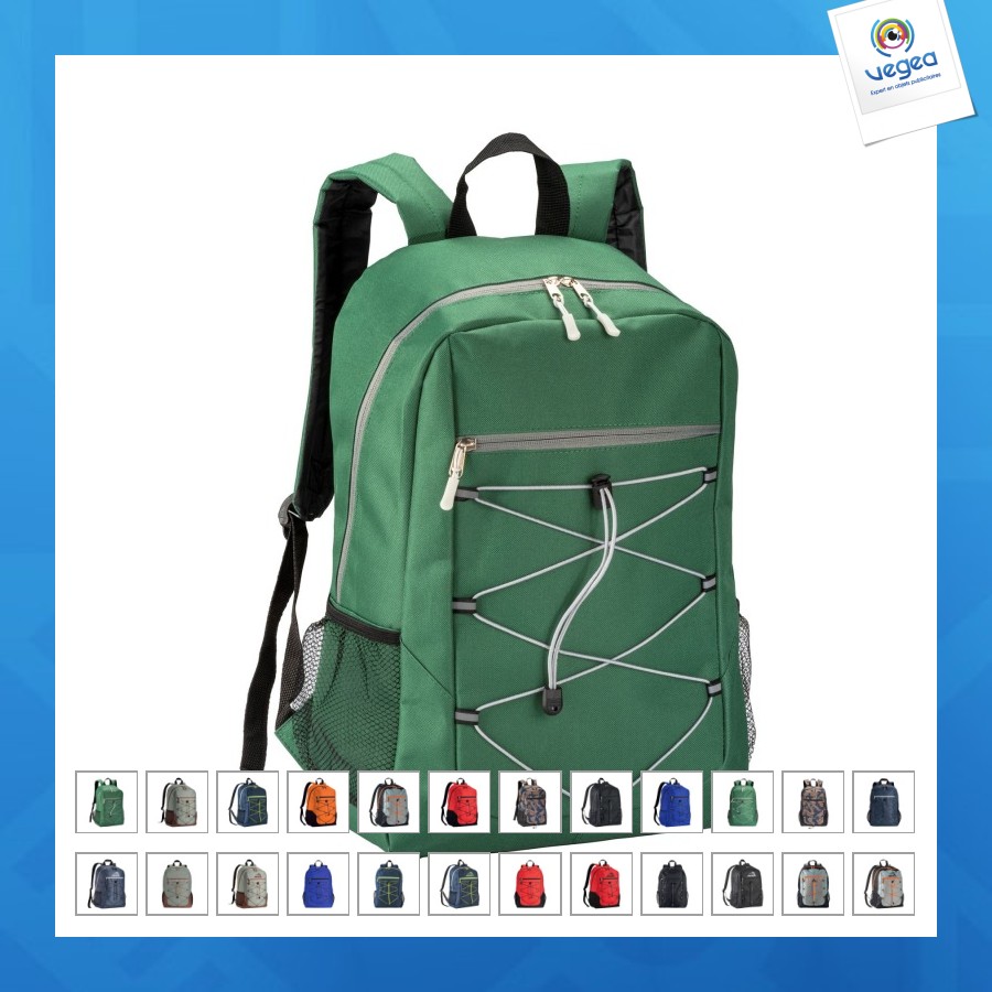 Sac à dos de promoción en polyester 600d avec 4 poches dont 2 latérales en filet