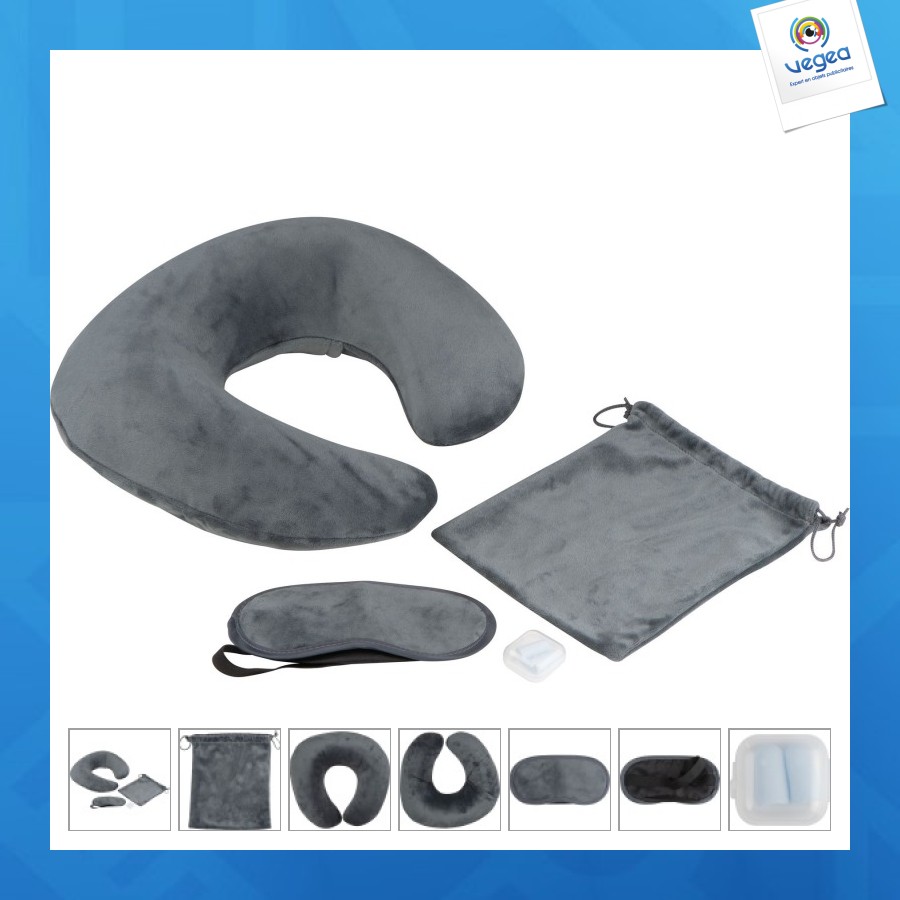 Set de viaje: almohada cervical, antifaz, bolsa para ropa sucia