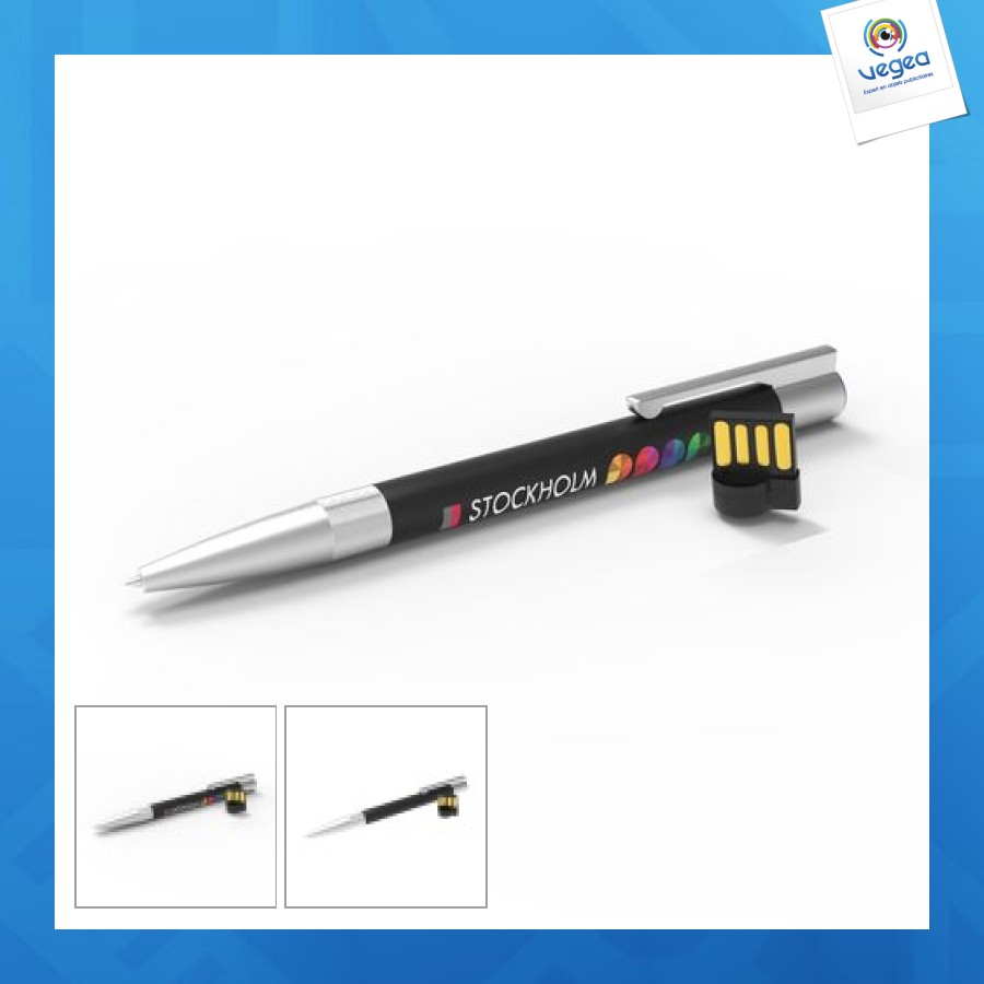 Stylo usb de promoción stockholm noir, encre bleue, 32 gb premium
