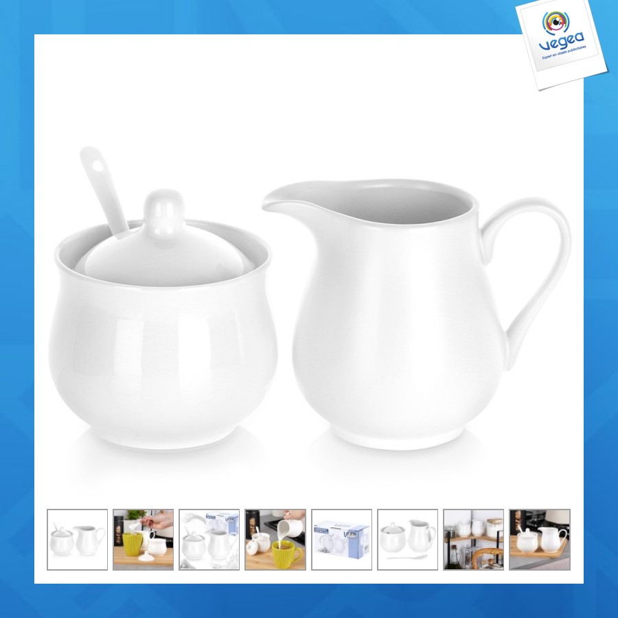 Sucrier de promoción et crémier, porcelaine blanche, 3 pièces