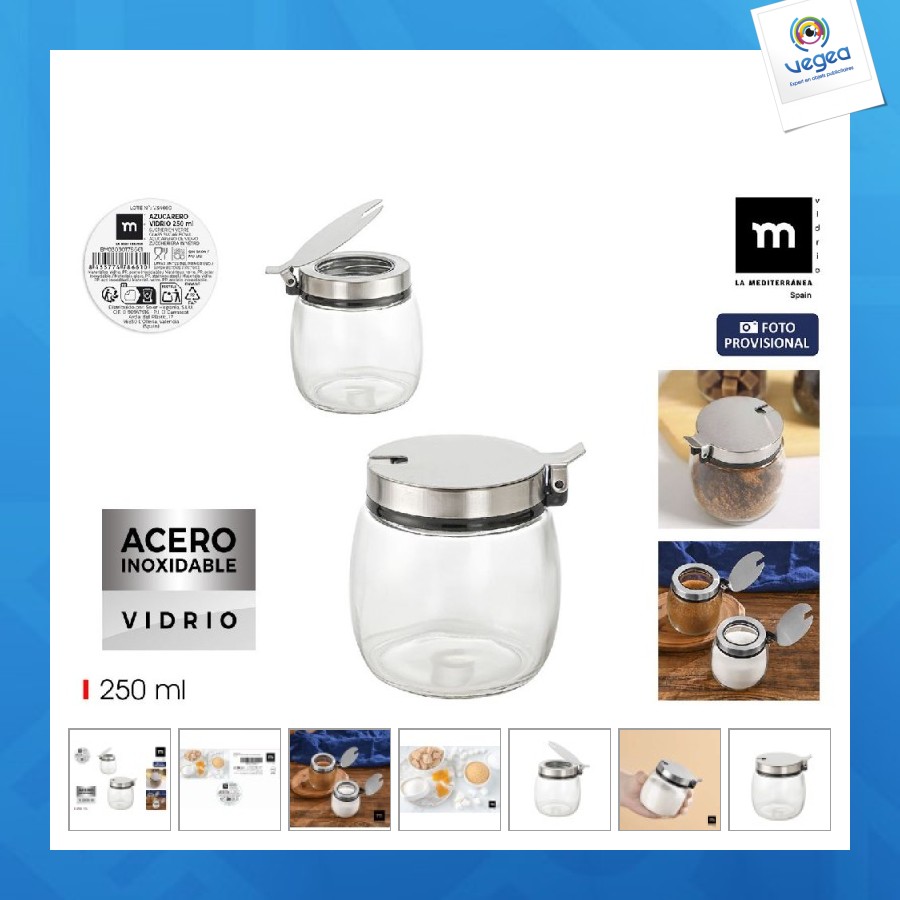 Sucrier personalizable en verre avec couvercle en acier 250ml