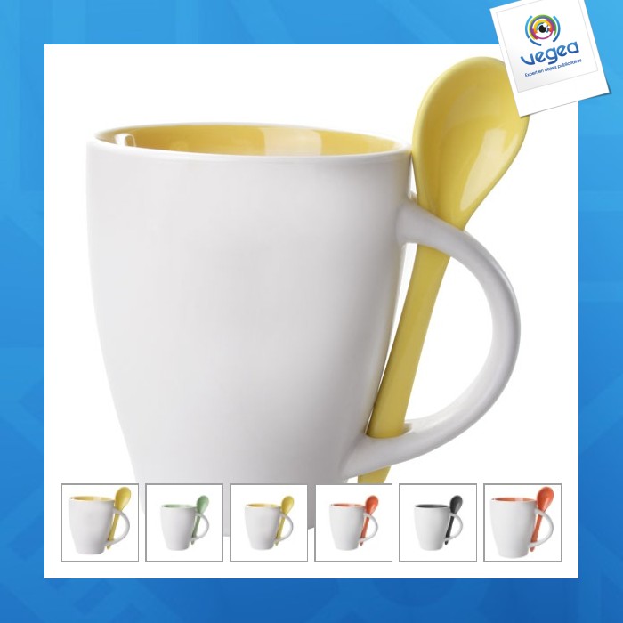 Taza de cerámica de promoción de dos tonos de 28 cl con cuchara
