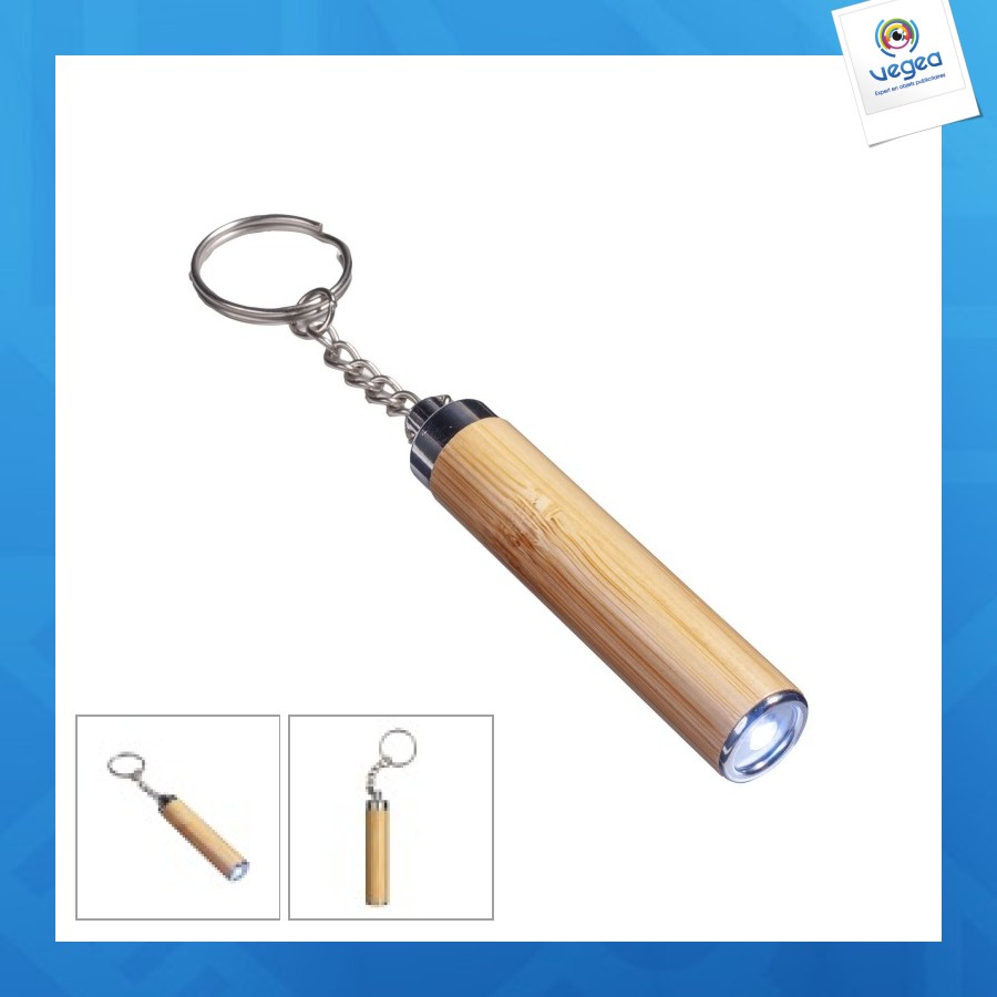 Torche led de promoción en bambou avec porte-clés, 3 piles lr41 incluses